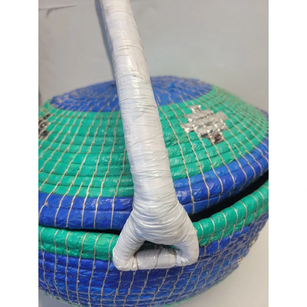 Hand Woven Round Basket with Lid and Handle Blue Green Decorative Storage Accent